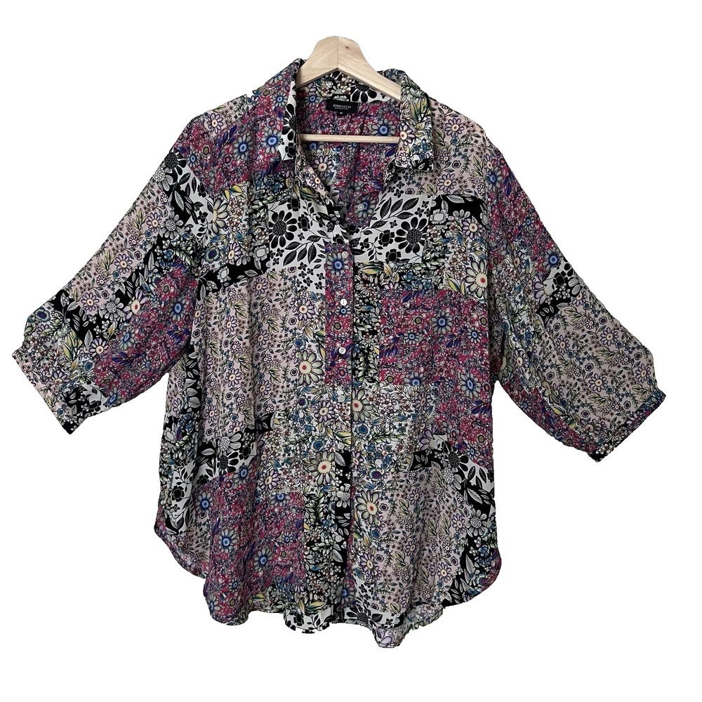 Jones & Co Jones New York Size 1X Floral Patchwork Button Up Top Bohemian